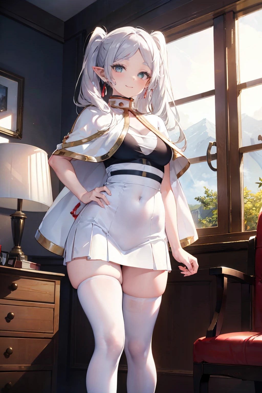 White Holy Knight。An illustration。girl。gold。Big Breasts。Fantasy。Exposed。Light clothing。White skin。mini skirt。Big Breasts。Showing her panties。With legs apart。Fresnel。The hair is transparent with light。Thick thighs。Big Ass。Angle from below。With legs apart。obscene。Plump。