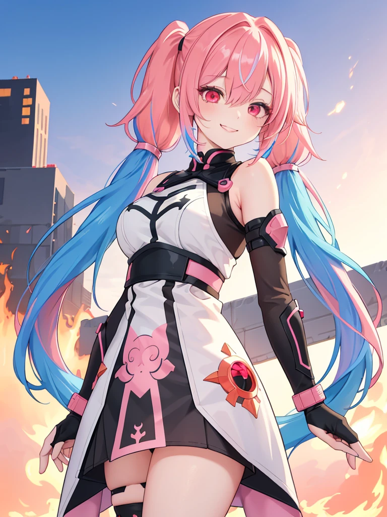 zero two \(darling in franxx\), darling in franxx, 1woman, smiling, bangs, bite, shadow, green eyes, hair behind head, horns, long hair, makeup, small breasts, big thighs, japanese clothes, gloves, black choker, pink hair, red eyeshadow, detailed background, bedroom, at home,