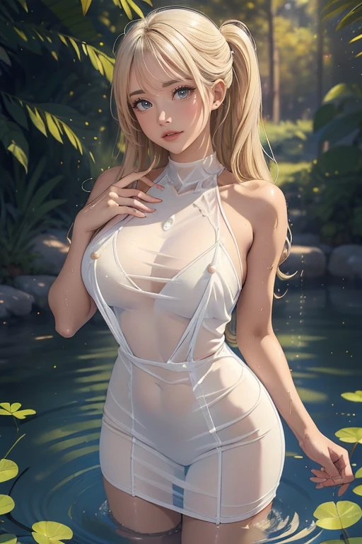 ((One beautiful girl:1.5),Curvy,Beautiful breasts,(Ample breasts),((Realistic),High resolution,Best Quality,masterpiece,(in front:1.5),(dynamic:1.5),
(Beautiful symmetrical eyes)、
((Best Quality),(masterpiece),(超detailedな),(detailed),(非常にdetailedな),、,Colorful and whimsical,(Best Quality),(Soft and sweet),Wealthy(Vivid and dynamic illustrations),,(Golden hair ornament),(White see-through dress:1.4)、(Blonde hair),Dark Background、(Woman bathing in the lake:1.4)、Narrow waist、(Getting wet in a beautiful lake)、(Mirror lake surface)、(Beautiful fireflies)、

Create colorful lens flares and light streaks、(Anatomically correct muscle and skeletal alignment)、realistic hands with detailed fingers、accurate and natural hand anatomy、well-defined fingers、