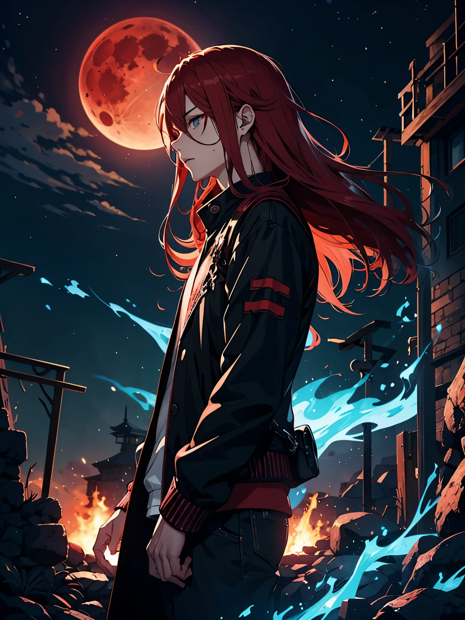 Blaues 火. 火rote Haare. Red hair. Red eyeliner. Blood Moon. More anime. male. Long hair. Boy.