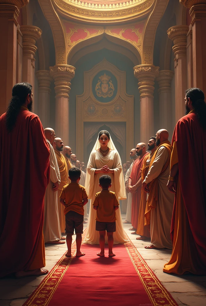 1 men, 1 child and 2 women in white clothes, with bead necklaces in front of an altar with white candles, a jug of water for baptism in Umbanda