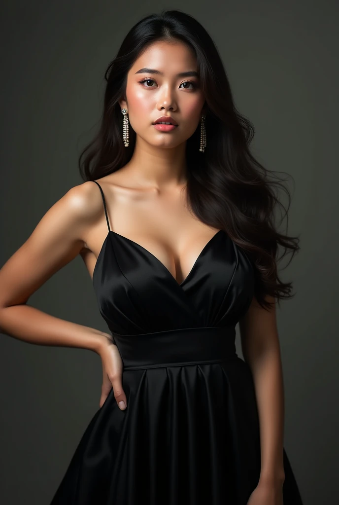 A beautiful girl with her black hair and red eyes . She is wears a black gorgeous gown 
