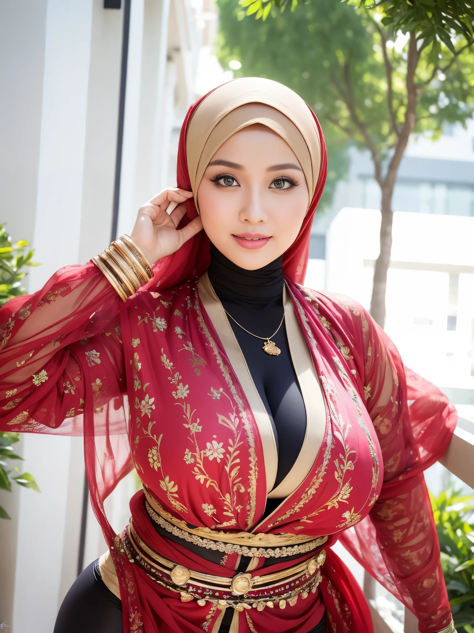 RAW, Best quality, high resolution, masterpiece: 1.3), beautiful Malay woman in hijab,Masterpiece, perfect slim fit body, (big breasts), big gorgeous eyes, Soft smile, wear a tight shirt & tight leggings, necklace, shairband, afternoon walk, City garden, Excellent lighting, Bright colors, Clean lines