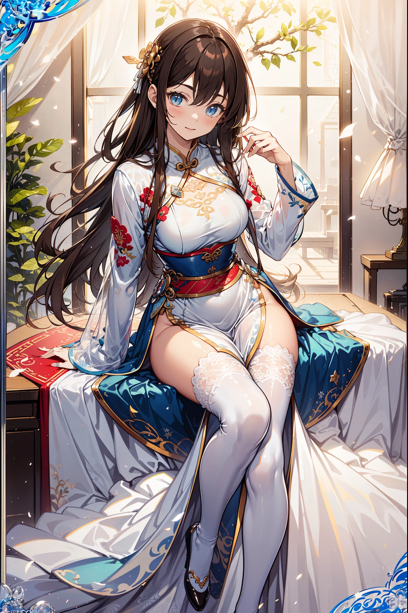 Teenage Girl，Saint，Booked，(Pure white transparent elegant cheongsam:1.2)，Long skirt，(Black knee socks)，(Brown hair:1.2)，Blue Eyes，Extremely detailed，Lace，Exquisite embroidery，Beautiful Pattern，(Exquisite clothing)，Chinese residential building，The only one，Beautiful and delicate face，Posing elegantly