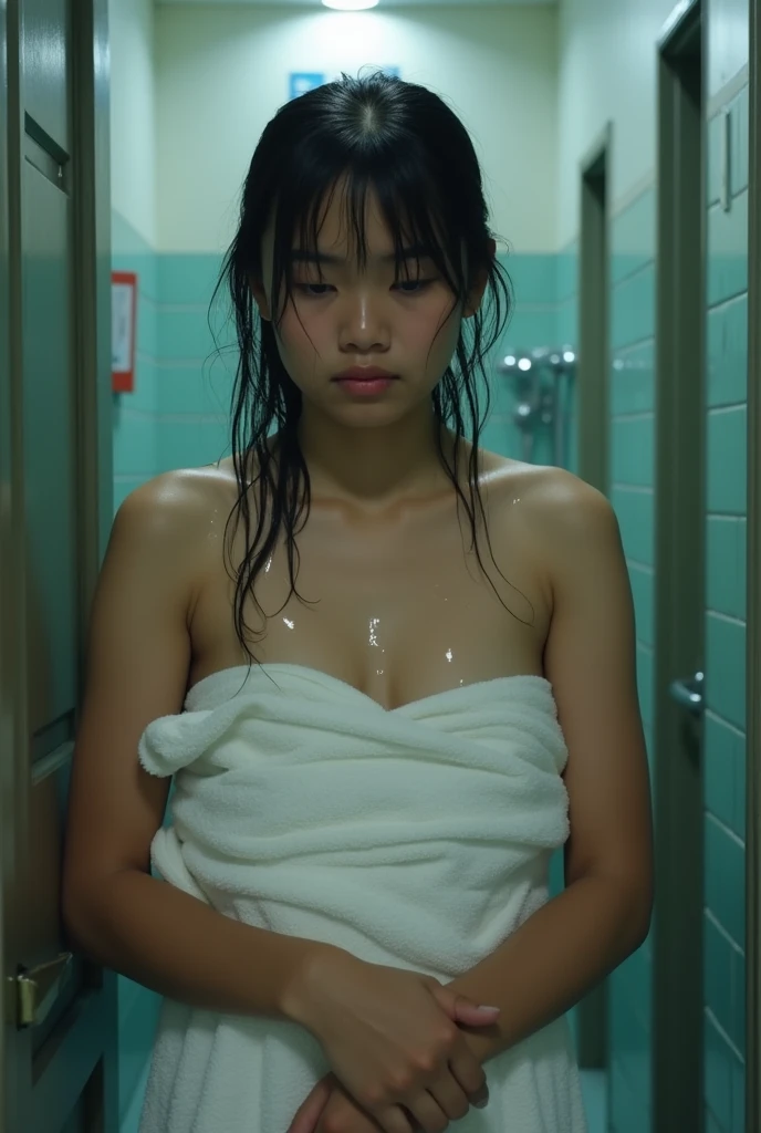 (highest quality,Cowboy shot:1.2),background,dirty urinal,public Restroom,(perfect beautiful face:1.2),(perfect and beautiful posture:1.2),(Solo, young naked Japanese girl lying on the bed,she is a naked  and no humanrights),(confused:1.3,embarrassed), shyness:1.1,((flat chest:1.3)), black hair,(Sweaty, sunburned skin),((scared expression,constricted pupils:1.3,tears)),arms Down,arms banned,(cum on hair,:1.3),a macho black man erect penis besides her