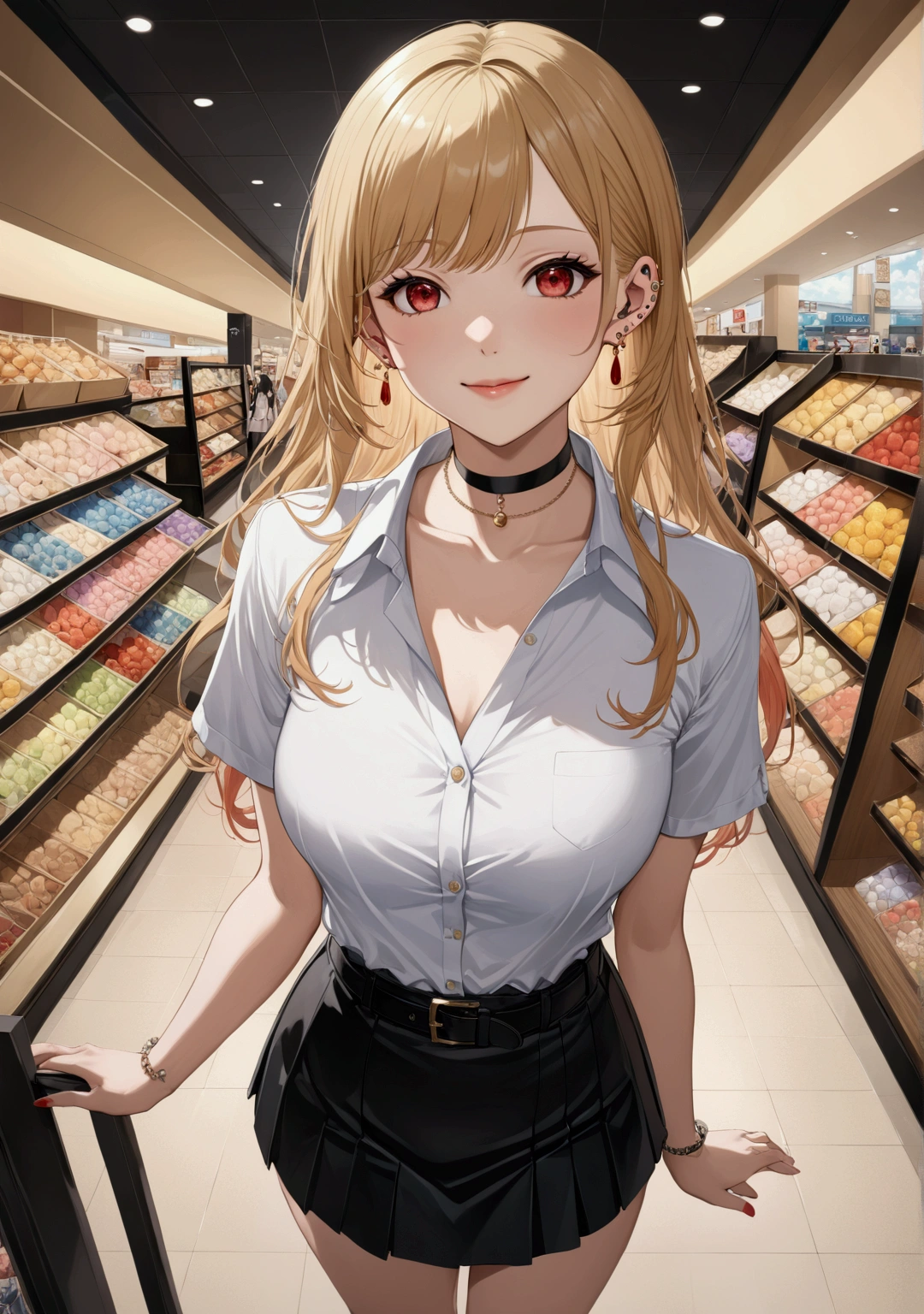 realistic anime illustration of young woman, (kitagawa_marin, blonde_hair, choker, ear_piercing, bangs, jewelry, earrings, very_long_hair, red_eyes, swept_bangs, multicolored hair), smiling at shopping mall, she wearing white short sleeve collared unbuttoned top shirt, black pencil mini skirt with belt, and loafer ((masterpiece:1.2), (best quality:1.2), (very aesthetic:1.2), (absurdres:1.2), (detailed background), intricate details, newest), (1girl, solo, full body), (japanese anime style)