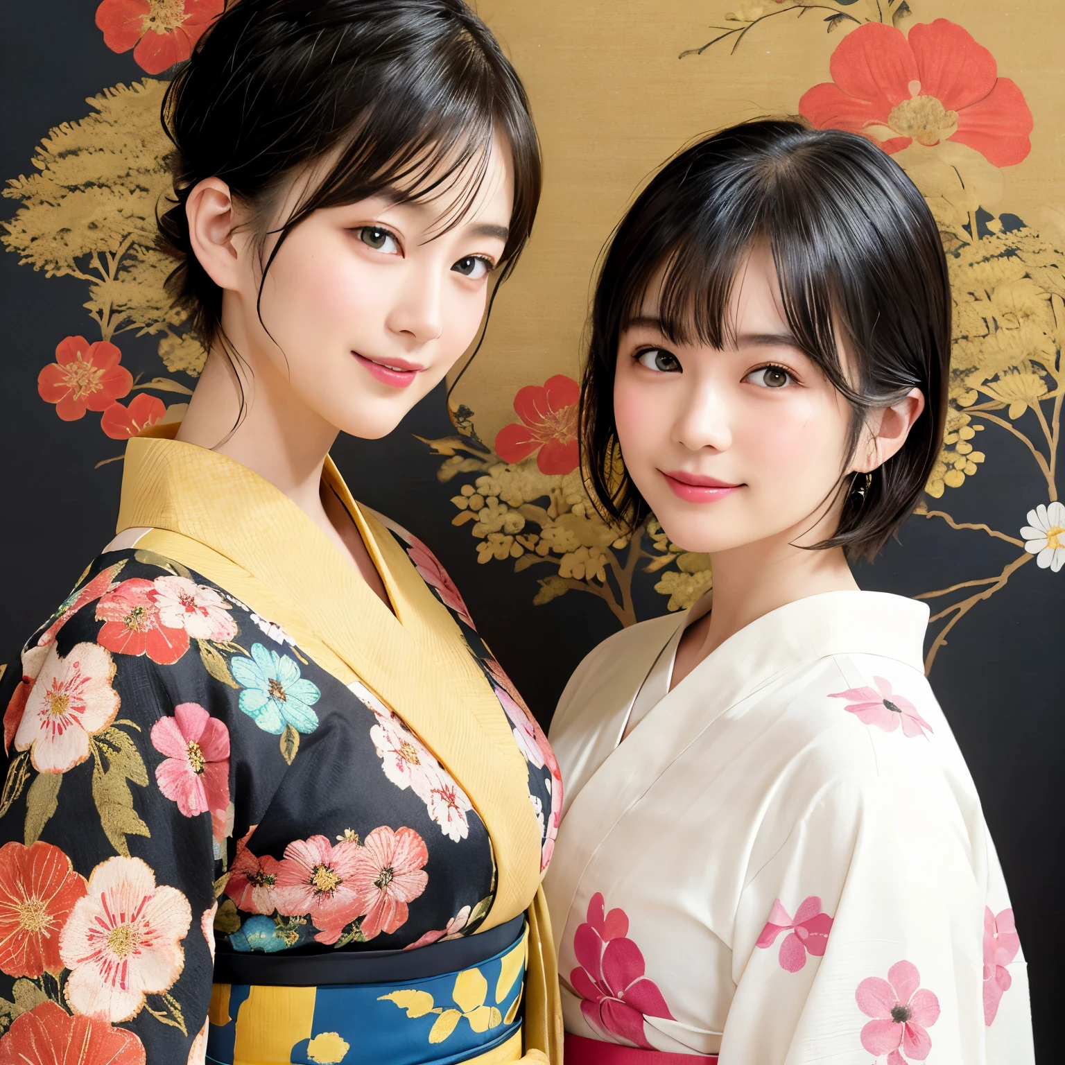 288 (20-year-old woman,Short Hair) , (A kind smile) , (kimono), (colorful), (Japanese painting by Uemura Shōen), flower