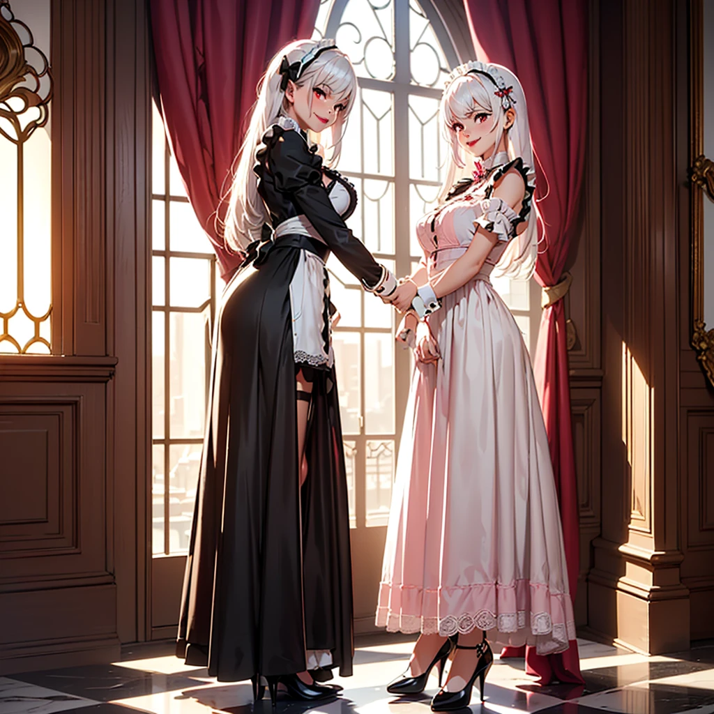 ((1girl, solo, alone, Ninym, white hair, red eyes, hair ornament, small breasts, long hair, fitness)), ((solo, (1woman, pink lipstick), Extremely detailed, ambient soft lighting, 4k, perfect eyes, a perfect face, perfect lighting, a 1girl)), (( maid, victorian maid, maid outfit, maid dress, frill, lace, stockings, high heels, victorian mansion, fine jewelry, smug smile, roman mosaic, marble ))