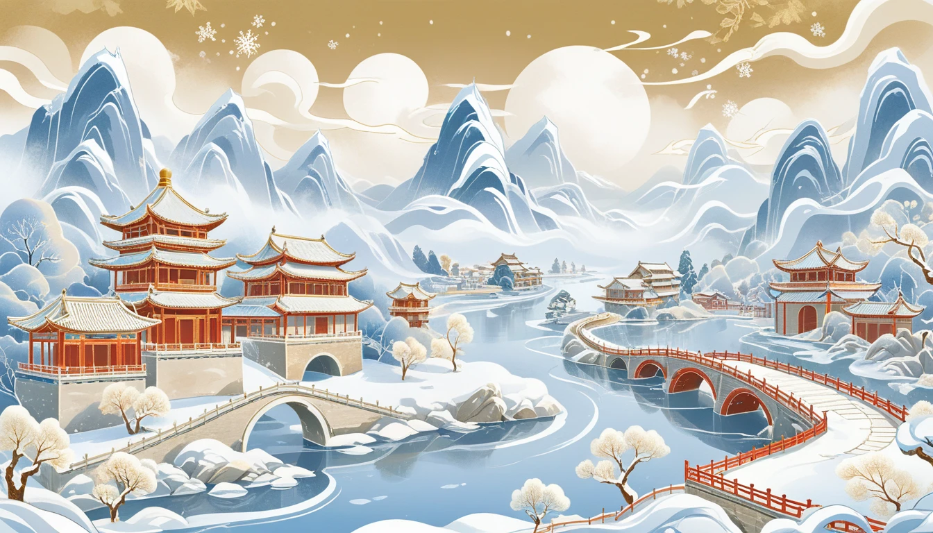 (Golden ratio composition), (Golden Ratio), city, river, wood, ancient style architecture, Winter snowscape, null, cloud, comics, Flat Illustration，National Peak，Chinese style，Gatch