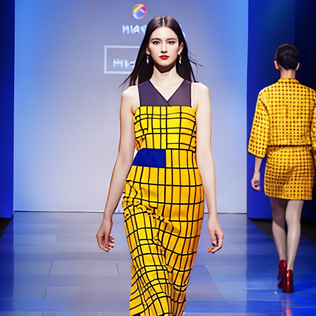 Fashion collection featuring Mondrian composition patterns、Model walking on stage in Mondrian&#39;s composition