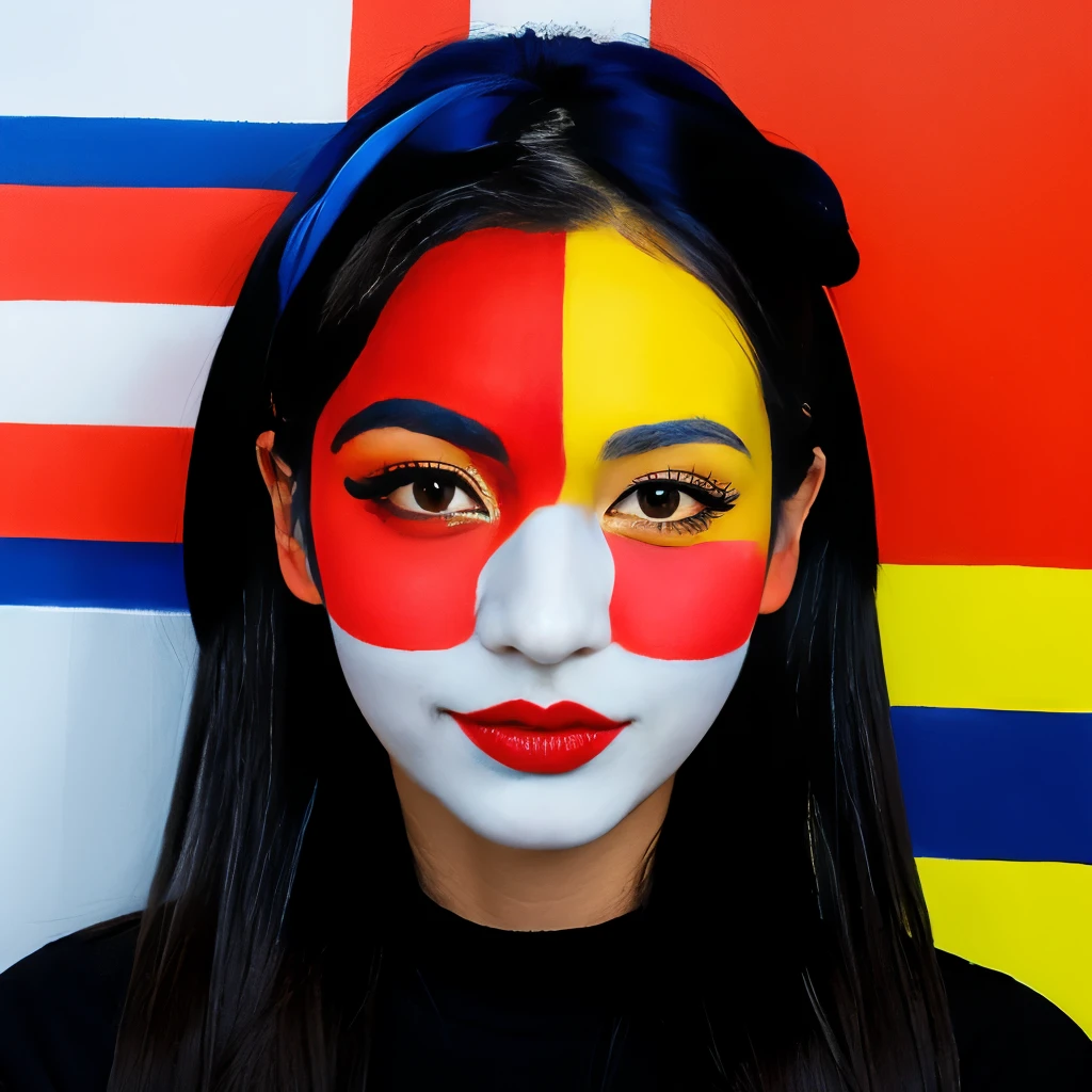 Woman with her face painted in Mondrian&#39;s Composition pattern、The costumes are also patterned after Mondrian compositions.、Mondrian Composition Background