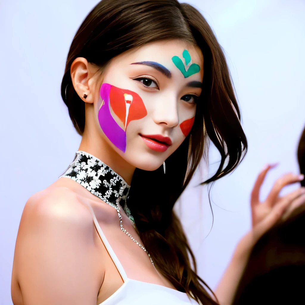 Mondrian Fashion Show、Woman with her face painted in Mondrian&#39;s Composition pattern、The costumes are also patterned after Mondrian compositions.、Mondrian Composition Background