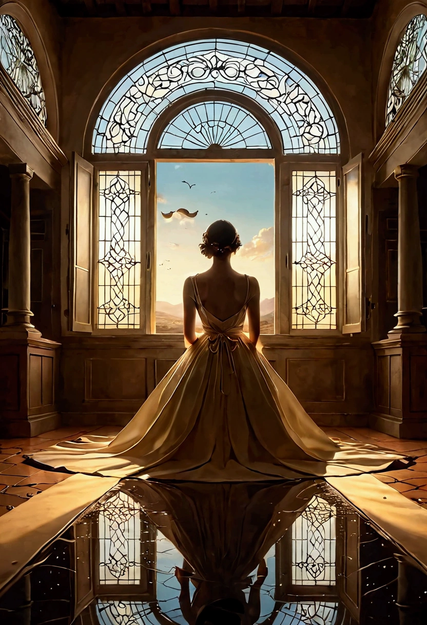 editorial photography,super detailed background,Super realistic,double exposure,depth of field,beauty super slender skinny vibes,soft focus tone,geometric Art Nouveau,narrative scene,wabi-sabi kimono,unclad body,open lips,very short bob hairstyle,At the cathedral stained glass,japanese fashion model,white skin,