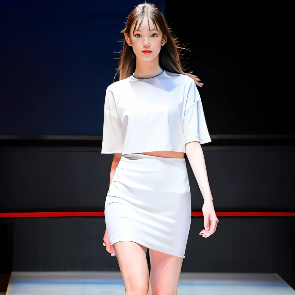 Mondrian Fashion Show、A full-body Mondrian woman walking across the stage of a Mondrian composition