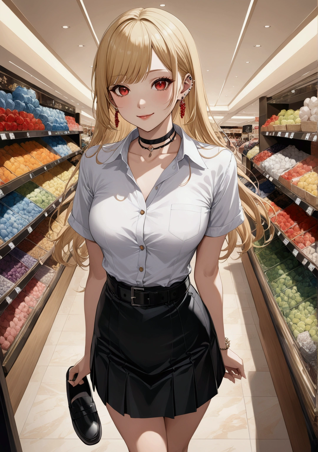 realistic anime illustration of young woman, (kitagawa_marin, blonde_hair, choker, ear_piercing, bangs, jewelry, earrings, very_long_hair, red_eyes, swept_bangs, multicolored hair), smiling at shopping mall, she wearing white short sleeve collared unbuttoned top shirt, black pencil mini skirt with belt, and loafer ((masterpiece:1.2), (best quality:1.2), (very aesthetic:1.2), (absurdres:1.2), (detailed background), intricate details, newest), (1girl, solo, full body), (japanese anime style)