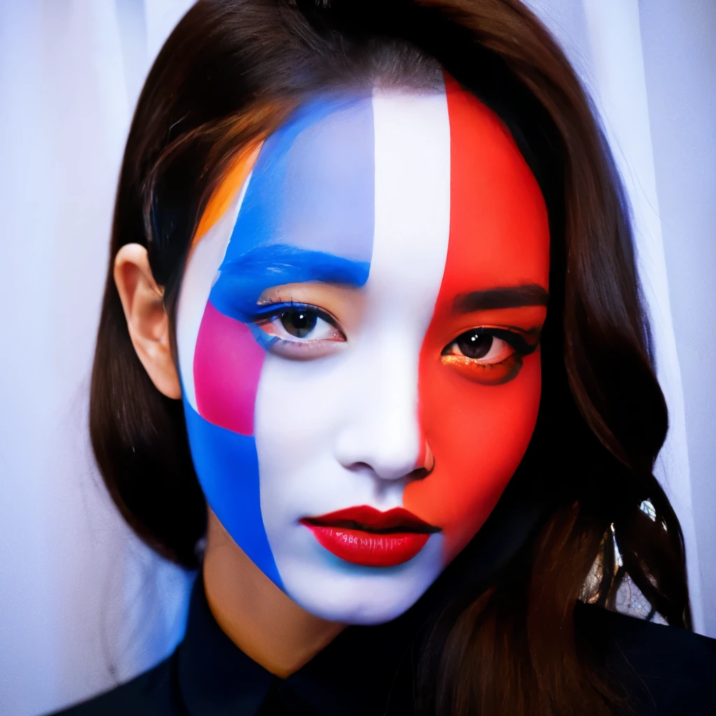 Mondrian Fashion Show、Woman with her face painted in Mondrian&#39;s Composition pattern、The costumes are also patterned after Mondrian compositions.、Mondrian Composition Background