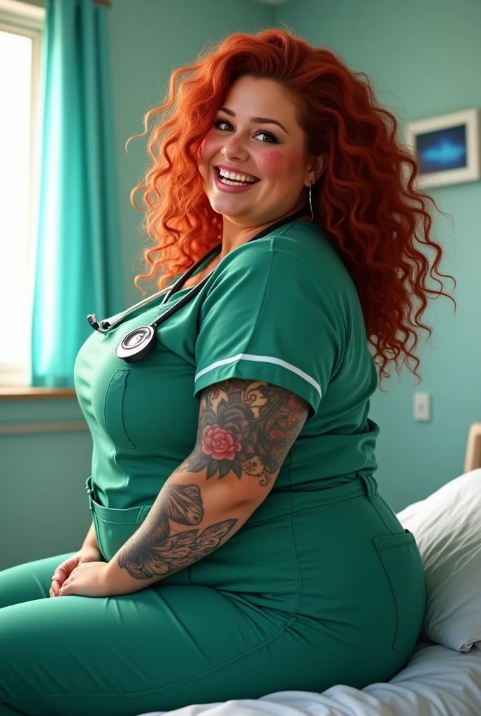 /imagine nurse plus size she hottie with her Long blonde hair and green uniform cute bent,over,on bed she titfuck a black dildo with her Giant