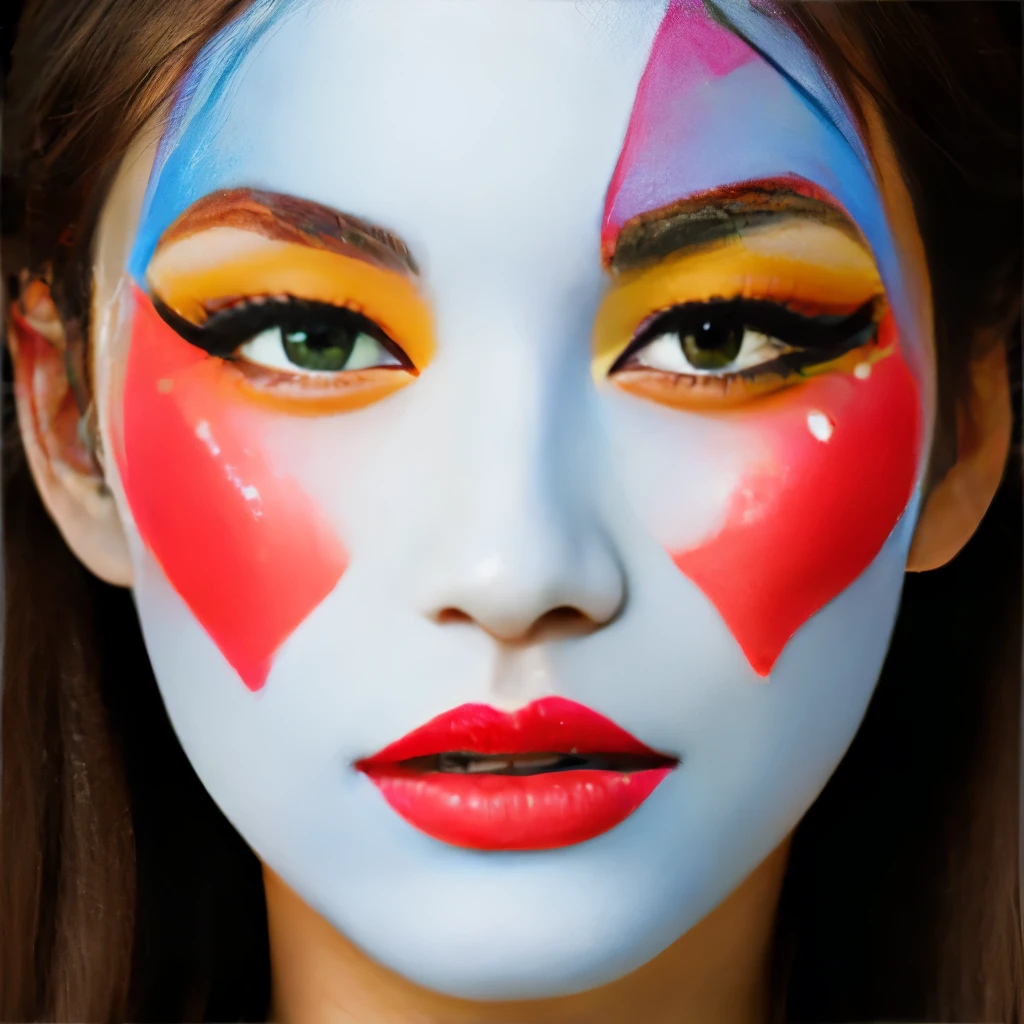 Woman with her face painted in Mondrian&#39;s Composition pattern、The costumes are also patterned after Mondrian compositions.