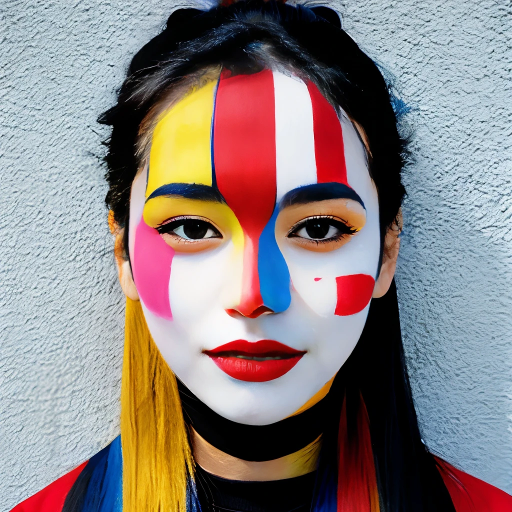 Woman with her face painted in Mondrian&#39;s Composition pattern