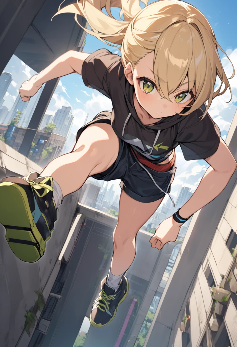 Young girl,blonde,length,Shorts、Parkour