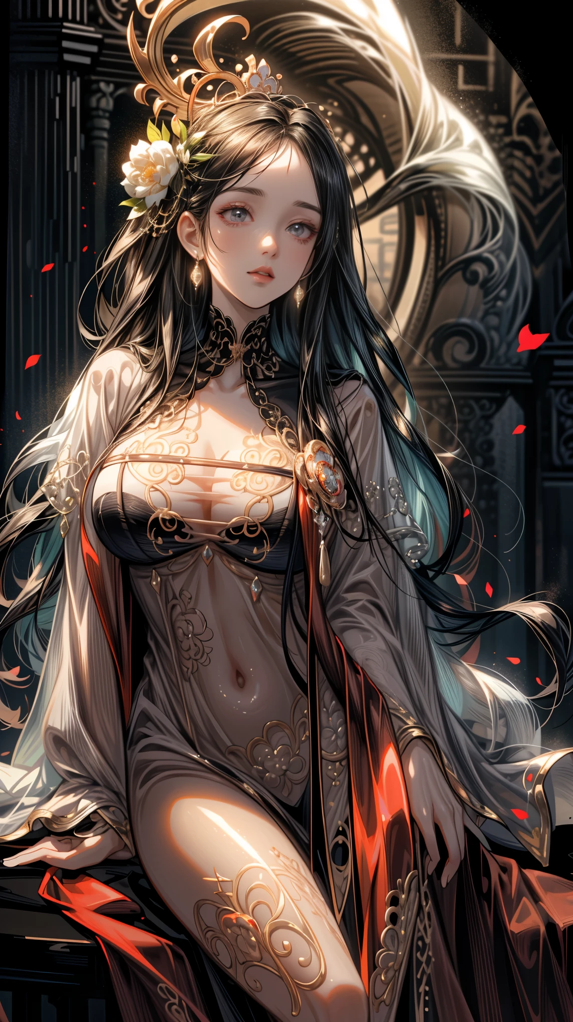 (goddess, highly detailed, 8k, hyper realistic, photorealistic, masterpiece, ultra-detailed), curvy body, hourglass figure, beautiful face, beautiful detailed eyes, beautiful detailed lips, long eyelashes, flowing hair, seductive pose, intricate details, realistic skin texture, glowing skin, perfect proportions, dramatic lighting, cinematic composition, dramatic atmosphere, vibrant colors, warm color palette