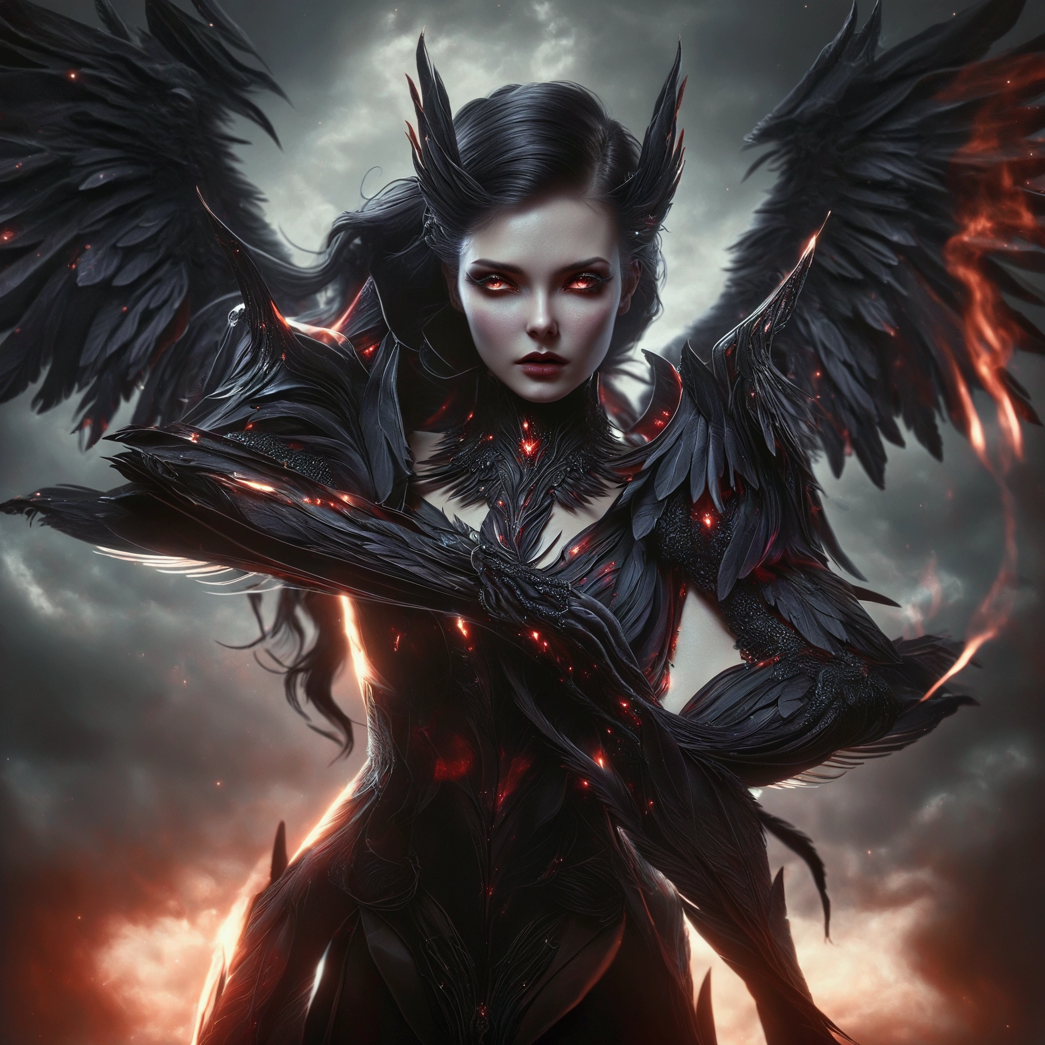 a close up of a woman with wings on a dark background, raven winged female vampire, villainess has black angel wings, dark feathered wings, diablo 4 lilith, Artstation contest winner, cgsociety contest winner, female lord of change, trendin on artstation, cgsociety contest winner!!, dark fantasy style art, cgsociety contest winner!!!