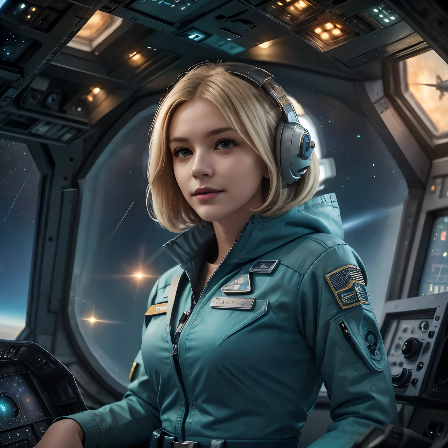 A gorgeous Blonde Woman with a French bob hair style in a teal and grey uniform sits in the padded pilot's seat of a spaceship, her hands are on the controls, she has a soft smile, she is looking out at a beautiful starry night. detailed facial features, intricate space suit design, glowing spaceship cockpit, nebulae and galaxies in the distance, dramatic lighting, cinematic composition, hyper realistic, real photograph, 8k, photorealistic, masterpiece, she is the flight officer,