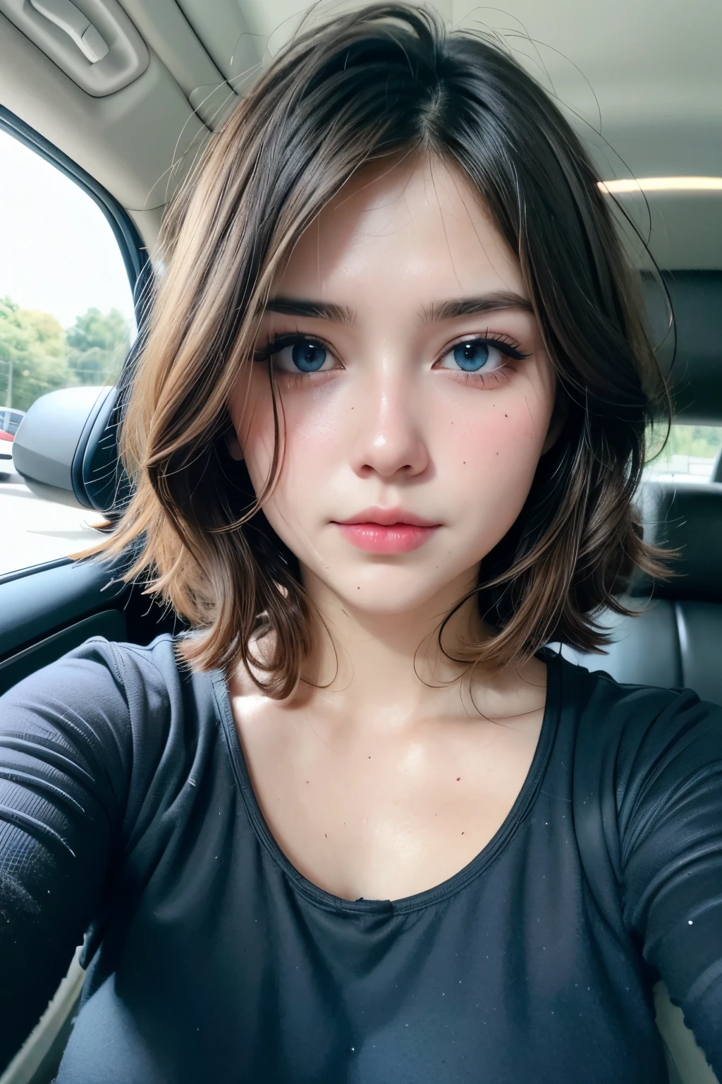 Brown haired girl taking a selfie, with a low-cut light blue blouse in her bed