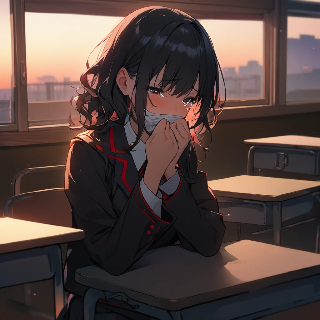 1 girl, red and black school uniform, by the wide, hair wavy, in a classroom, at dusk, Covering the mouth, Tears of happiness, high quality 