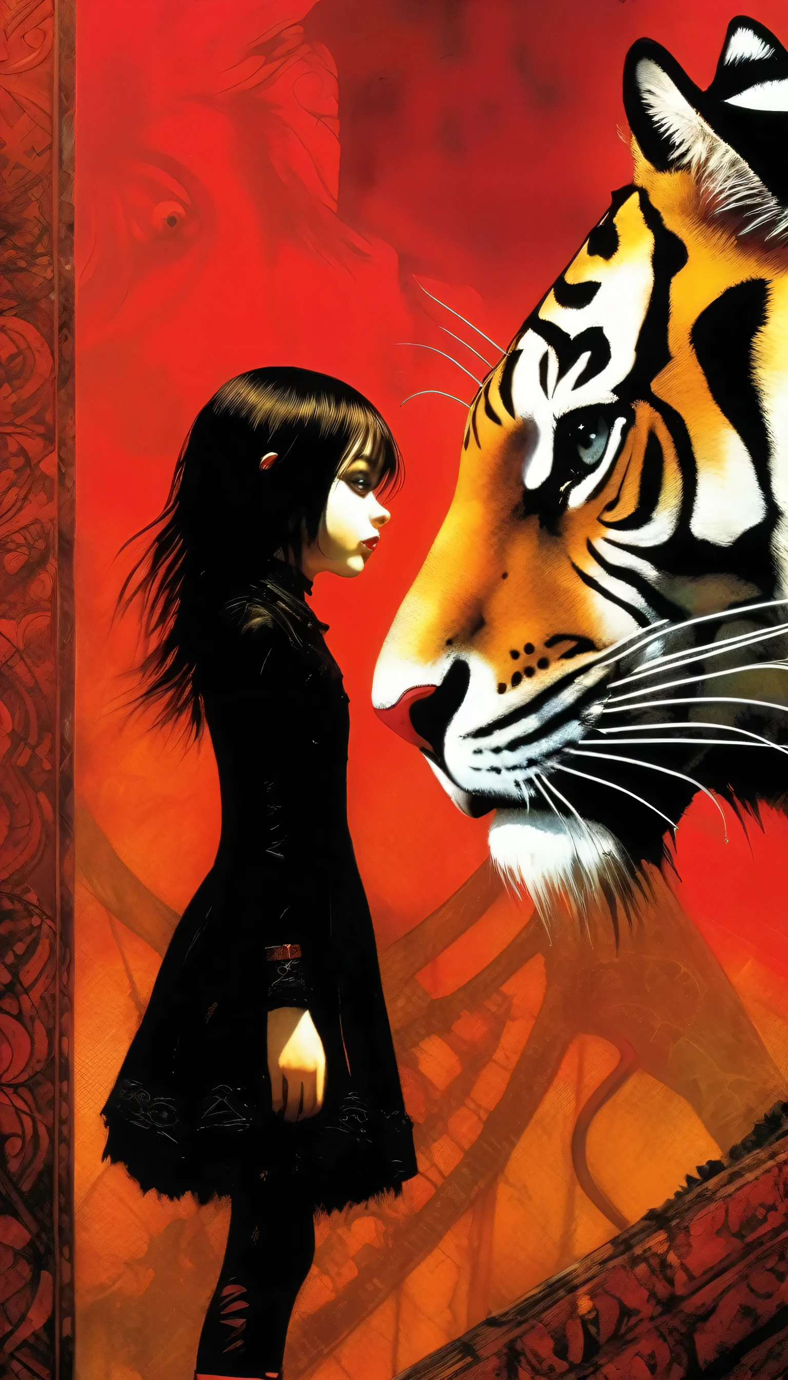 Alone,1girl, Girl in black gothic clothing、From the bottom angle、((She is very happy)), A large tiger stands next to him, glaring at the viewer.、Red gradient background、masterpiece, high resolution, top-quality, Dave McKean inspired artwork, Intricate details, oil