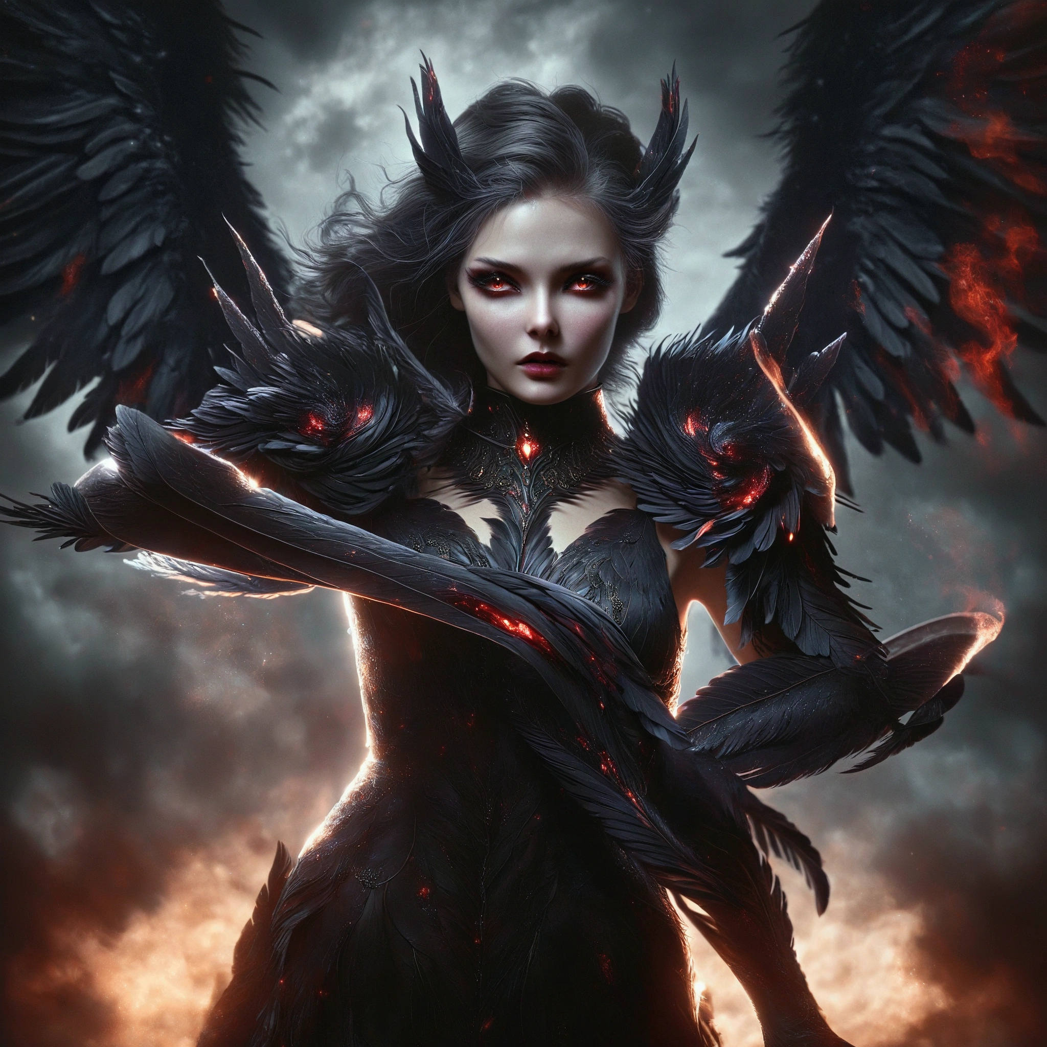 a close up of a woman with wings on a dark background, raven winged female vampire, villainess has black angel wings, dark feathered wings, diablo 4 lilith, Artstation contest winner, cgsociety contest winner, female lord of change, trendin on artstation, cgsociety contest winner!!, dark fantasy style art, cgsociety contest winner!!!