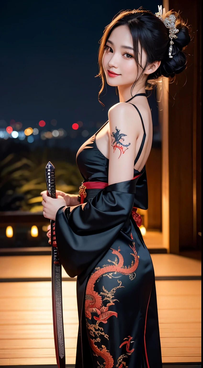 8K Ultra HD, Digital SLR,Film Grain, Fujifilm XT3,(highest quality:1.3), (masterpiece:1.1), High resolution, Cinematic Light, Intricate details, (Realistic) (Night view) Realistic backlight、Dramatic reddish light、Beautiful Japanese Geisha full body photo, ((Facial texture Pore details)), Grin、Devilish smile, Simple messy hairstyle, She wears a black satin kimono decorated with traditional dragon motifs.., Open shoulders, Colorful dragon tattoos all over the body, Has a long blade, Long-bladed Japan sword in hand,Inside a traditional villa, 8k, Front blur
