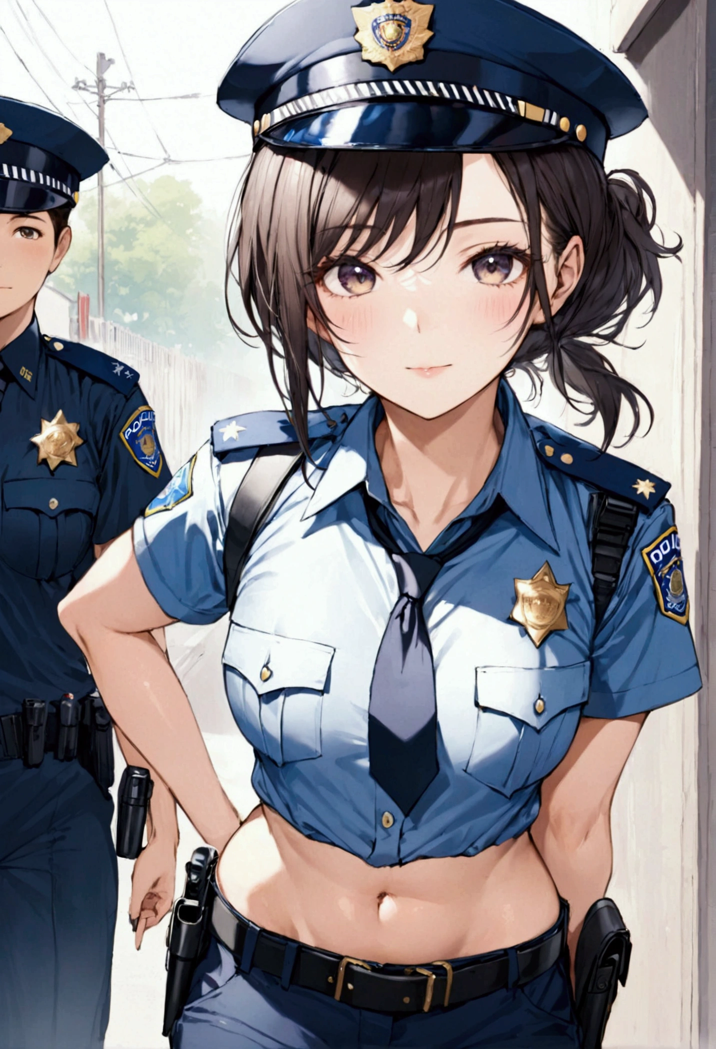 masterpiece , best quality,
 <lora:kana_kashiwazaki-sdxl:0.55> kanakashiwazaki, yellow ribbon, aqua eyes,
1girl,solo
(nervous smile,sad),worried,
torn clothes,  ((blue police uniform)), torn uniform, blue pants, skin,
outdoors, street corner,