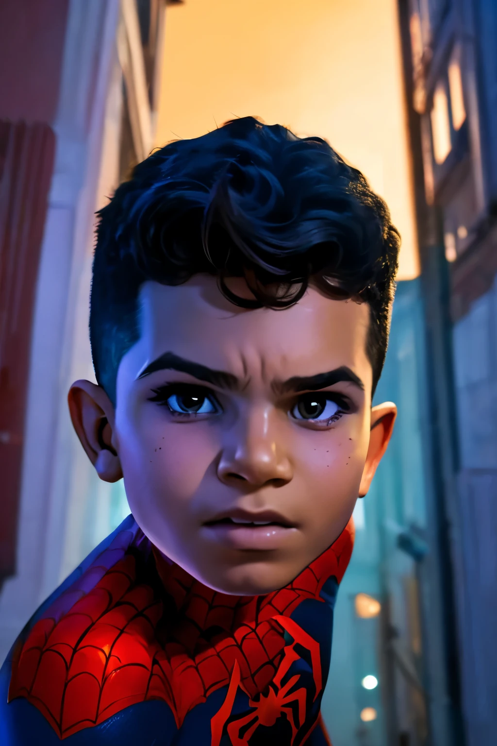 Close-up face, Thoe, ((a boy, ***)), Marvel Comic Panel Drawing: A boy with black eyes, in Dynamic pose, short black hair , over The building under The moonlight, spiderman suit in a city with a fixed gaze 