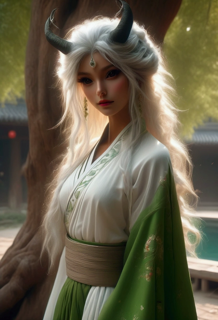 A young girl in a traditional Chinese hanfu dress, wearing a ru_qun skirt, standing by a tree near a pool, with long white hair and striking green eyes, inspired by the character Nahida from Genshin Impact, (best quality,4k,8k,highres,masterpiece:1.2),ultra-detailed,(realistic,photorealistic,photo-realistic:1.37),vivid colors,intricate details,fantasy,concept art,cinematic lighting