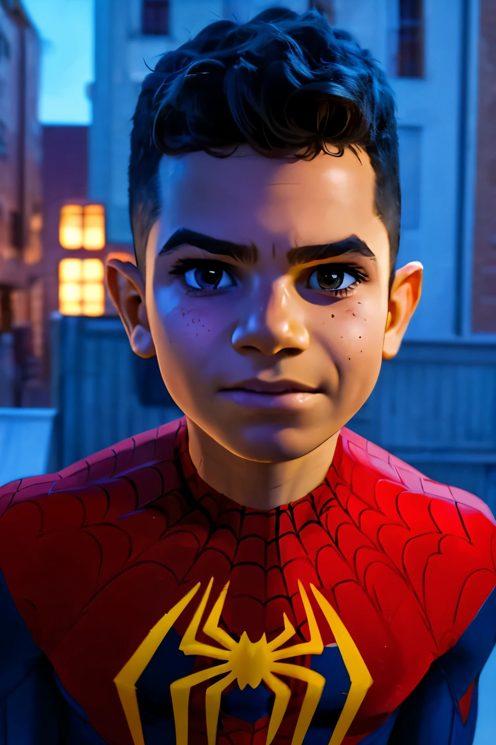 Close-up face, Thoe, ((a boy, ***)), Marvel Comic Panel Drawing: A boy with black eyes, in Dynamic pose, short black hair , over The building under The moonlight, spiderman suit in a city with a fixed gaze 