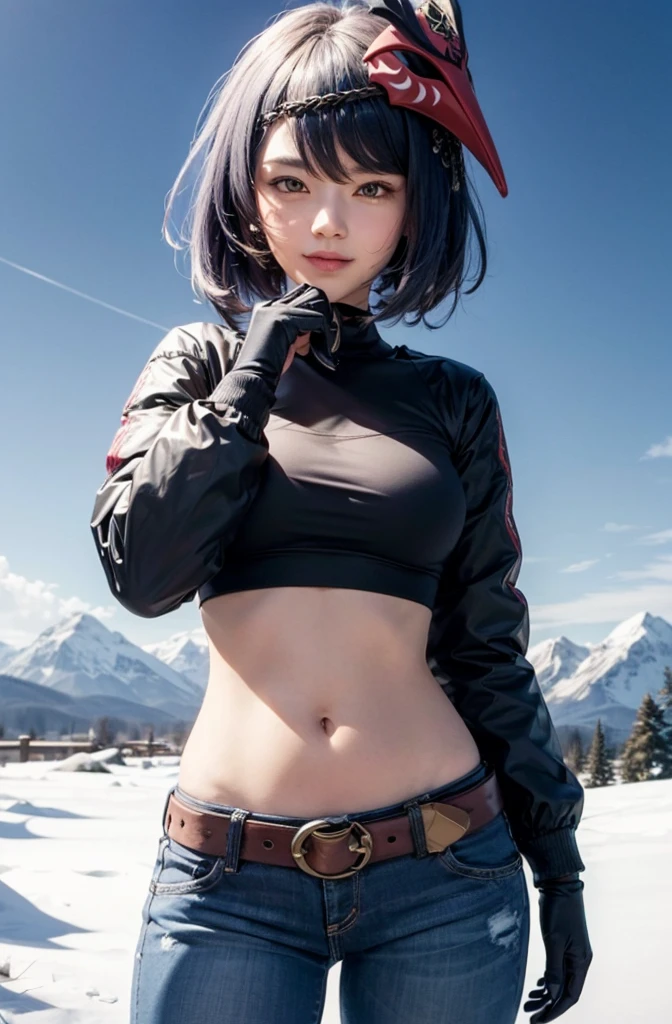 1girl, mask on head, blue hair, short hair, yellow eyes, ((black long sleeved puffer jacket, long blue jeans, heels)), iron belt, ((bare midriff, navel, upper body)), high quality, snowy mountains, standing, smile, looking at viewer