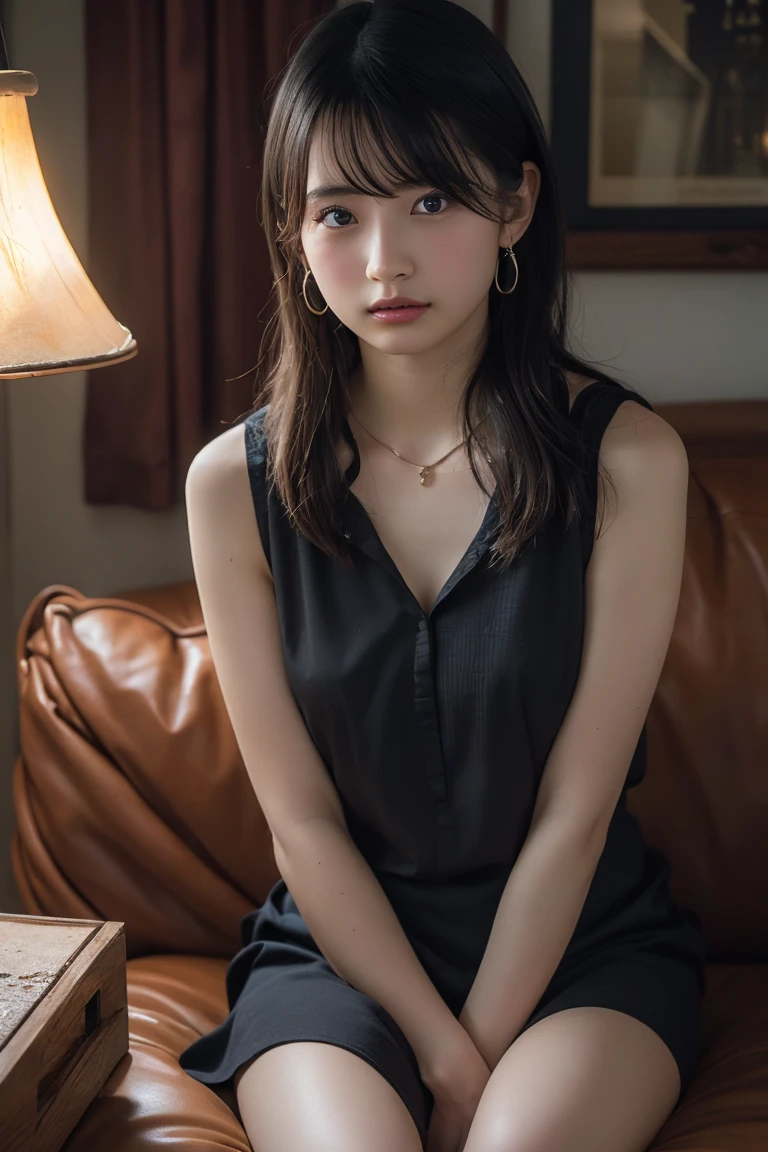 HQ skin:1.4, realistic, 16k, masterpiece, Front light,1girl,sitting on a cozy couch,crossing legs,natural big breast, knit tank top.