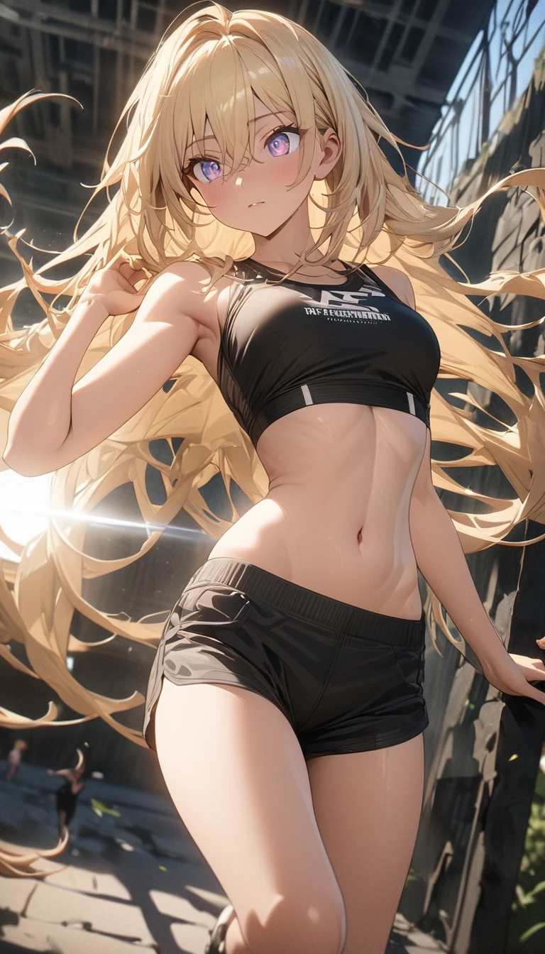 1 female,golden hair,25 years old,(((blue shiny micro tight skirt)))((white tank top))(((blush、open mouth smile)),(((straight hair))),(((portrait))),crowd,,(wet with sweat)(sexy black bra and see-through tank top)()(((small breasts)))