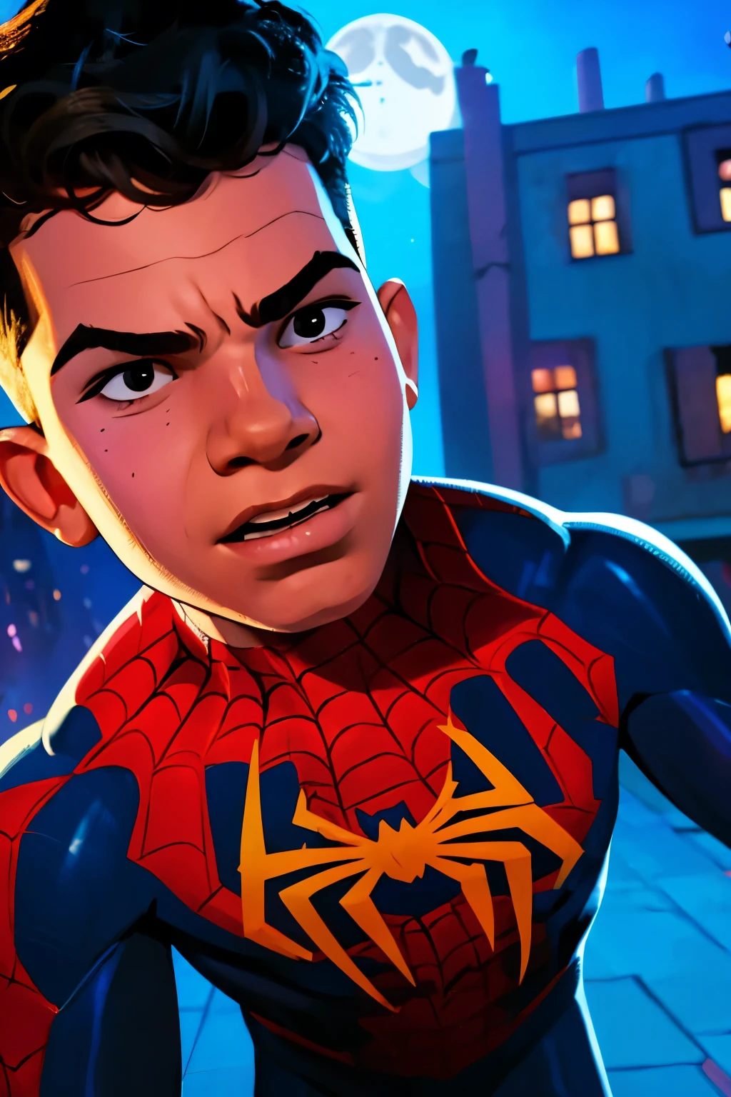 Close-up face, Thoe, ((a boy, ***)), Marvel Comic Panel Drawing: A boy with black eyes, in Dynamic pose, short black hair , over The building under The moonlight, spiderman suit in a city with a fixed gaze 