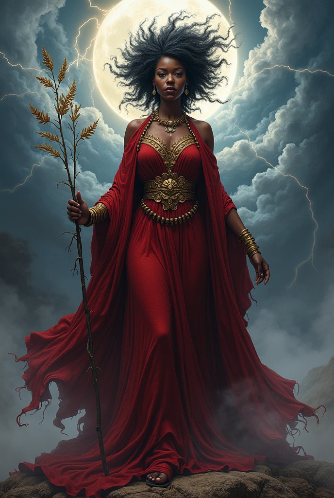 African woman black skin naked. Blood on hands, Red eyes. long wavy blonde hair. jovial laughter. macabre. she had, full moon, candles,  corona, throne, calaveras, souls, ruins, trident 
