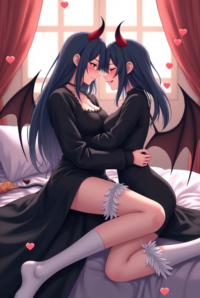 (superflat, flat shading, flat colors), masterpiece, best quality, bedroom, 2girls, goth makeup, girl, loli, black dress, lace stockings, lace panties, black bedroom, kissing, hugging, sex, passion, posing