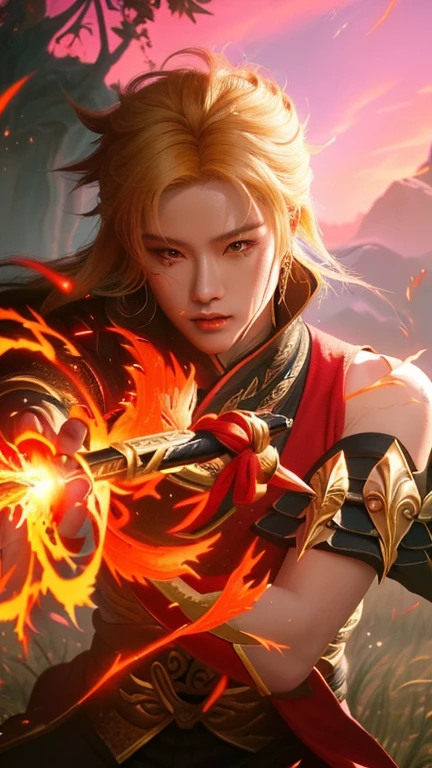 (female:1.2), 8k, ultra hd, ultra detailed texture, hyper realistic, masterpiece, detailed texture, detailed face, detailed skin, detailed lighting, (photorealistic:1.5), best quality, beautiful lighting, cinematic lighting, professional lighting, ultra highres, realistic, detailed hair, real hair, high quality, (realskin:1.5), extremely detailed, finely detail, ultra-detailed, 1girl, elf, solo, standing, pointy ears, (yellow eyes:1.5), red lips, closed mouth, make up, eyeliner, nose, pretty, beautifull, cute face, wonderland, eye shadow, v-shapped eyebrow, very long hair, high ponytails, yellow hair, swept bangs, hair ornament, dual wielding, holding bow \(weapon\), arrow \(projectile\), aiming, separate sleeves, armor shoulder, silver red armor, red cape, red Sleeveless, armor elbow, pauldrons, bracer, vambraces, breastplate, large breasts, cleavage, covered navel, covered stomach, armpit, blurry background, belt, black pants, yellow light, miya \(mobile legends\), looking aways, amazing pose, fighting stance, gem, magic, outdoors, foggy forest, blurry background