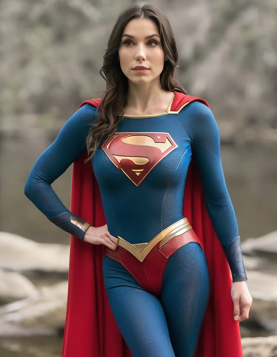 professional full upper body captured  photo of Grccrlncrry woman, looking at the camera, highly detailed, skin texture , cosplaying as supergirl ( detailed face,detailed body proportions )