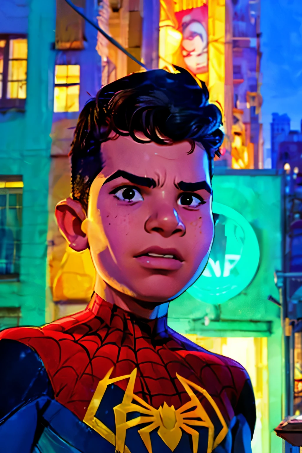 Close-up face, Thoe, ((a boy, ***)), Marvel Comic Panel Drawing: A boy with black eyes, in Dynamic pose, short black hair , over The building under The moonlight, spiderman suit in a city with a fixed gaze 