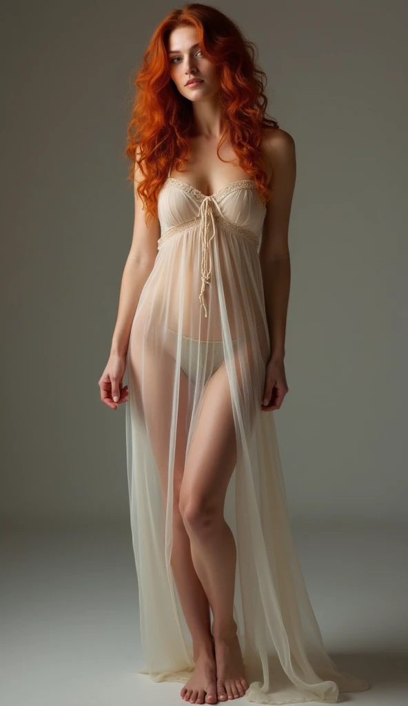 portrait of a 26-year-old redhead, slim silhouette, 1.60 meters high, some small freckles, dressed in a transparent lace nightie, sitting on a rock at the edge of a lake, she caresses her neck, seduction, setting sun, cinematographic rendering, 32K, RAW