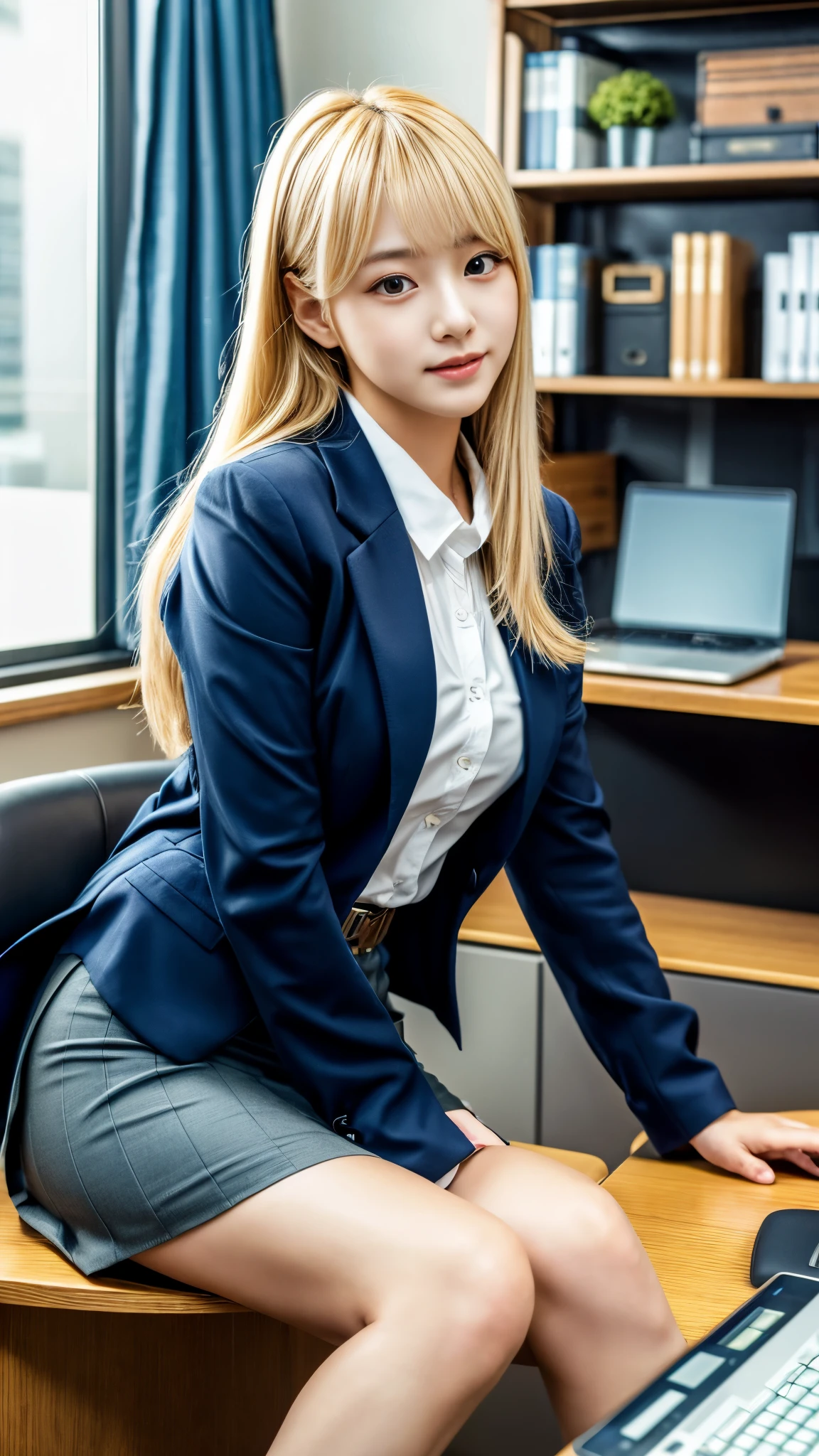 High quality, best quality, masterpiece, 8K, ultra-real, ridiculous, vibrator in panties, 1 girl, office, blonde, business suit, pen holder skirt, standing with legs extended: 1.1, blush, ponytail, wet panties, sitting, wet floor, (open clothes, expose entire breasts, flirt skirt: 1.1),