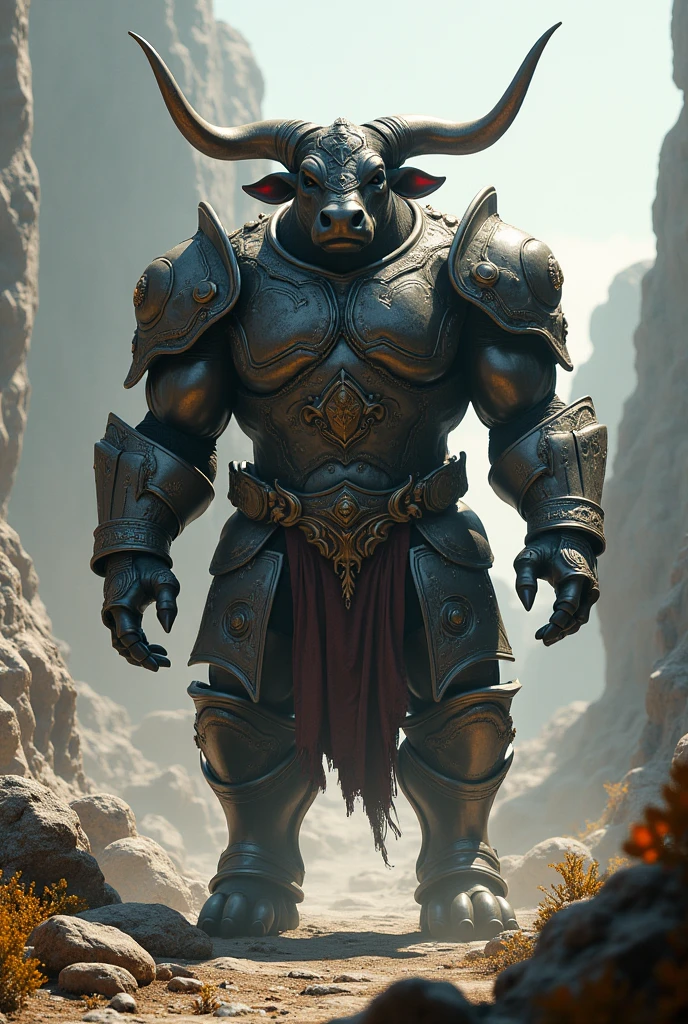 Full body Esbian、cool minotaur、pop minotaur、glare、diorama、simple background、armor、has an ax、castle in the background、highest quality, Capture the cutest moments, written boundary depth, Super detailed, ultra high resolution, octadale, 8k, 16km race
