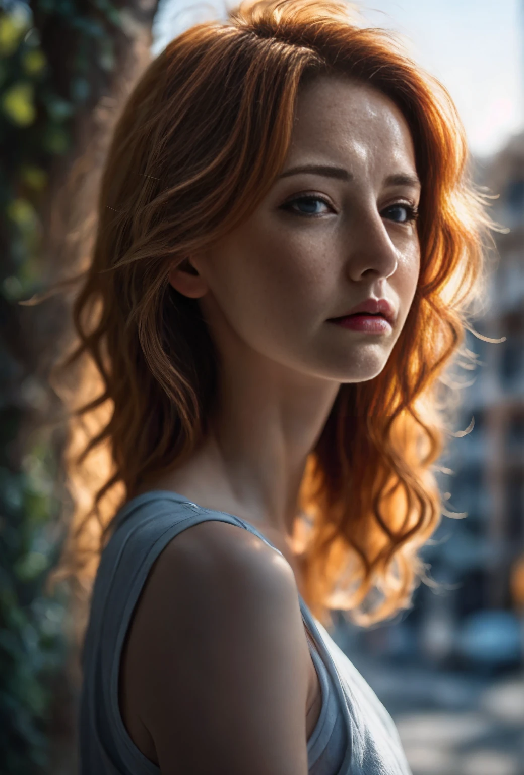 (dynamic angle:1.1), outdoor, ginger hair, photo of a dry 20s woman, freckles, sad, soft, masterpiece, volumetric lighting, best quality, complementary colors, dramatic lighting, complex details,subsurface scattering