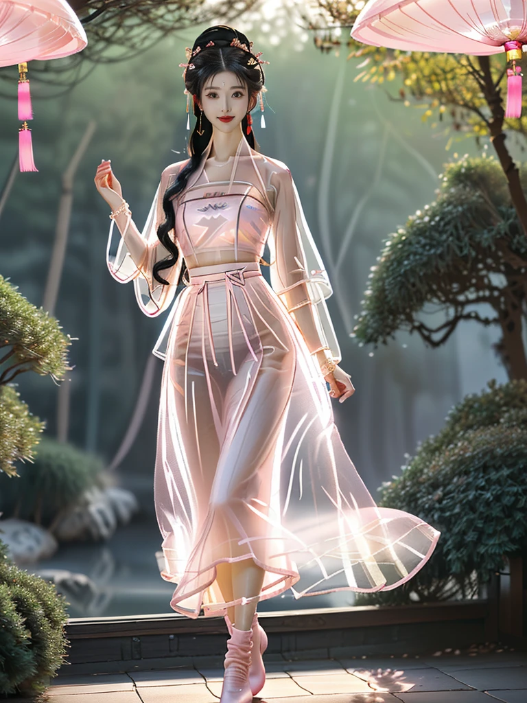 一个有着美丽脸庞的Sexy中国华裔女孩, Wearing avant-garde transparent fabric Hanfu, (((Light theme, Expose the subject, Sexy主题)))
(((Heavy rain, Uninhabited deep forest, Underground hot spring, Lush huge plants))),
((8K Ultra HD, 8K, Ultra-high resolution, Best quality, Super Fine, Clear focus. Masterpieces, complete pattern, Ultra HD, Detailed photos, Best image quality，Ultra-clear，Delicate facial features，Well-defined, Highly rated works, Close-up depth of field photography, Above the knee)), 
((Creating the image of a real girl), Realistic shadows, Soft lighting, Dynamic Angle, Dynamic poses, Elegant Posture, Cowboy lens, Full body front view, Be confident, Facing the camera, Eyes looking towards camera lens, Standing posture, Open your legs slightly, Golden Ratio Graphics, Minimalism, Center the character), 
( Smile, Sexy的, Balanced Eyes, Realistic eyes, Beautiful details of the eyes,Pretty Face, (Realistic face), Normal facial features, Realistic skin, Pay attention to skin details, Skin is clean and radiant, Whitening, Anatomically correct body, Golden ratio figure, Sexy的身材), 
(Perfect makeup, Gloves, earrings, bracelet, necklace, Jewelry, Hair accessories, shawl, sock, Knee socks, 吊garter, Leg ring, garter, 腿部garter), 
((beautiful hair), Dark black hair, Wavy curly hairstyle, Waist-length hair, Messy Hairstyle, Gradient hairstyles, Cyberpunk Hairstyle, High double ponytail hairstyle), 
((Transparent clothes: 1.5), (Revealing clothes: 1.5),  (Wet clothes:1.0), (Color of clothes: Pink), Wearing transparent clothing, (((Transparent pink mesh Hanfu))), (((Transparent pink mesh tube top))), (((Transparent pink mesh tube top))),), 
(Sexy的, Perfect breast shape, Teardrop chest shape, Snow-white breasts, Very detailed breasts, 36B cups), 
(Super high waist, Deep V, Low-cut, Sexy, Flattering, Open crotch, (Clear camel toe, (High fork strangulation))),
(((Clear outline, Clear underwear, 透明Sexy的穿着)))